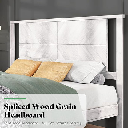 AMERLIFE Solid Wood Queen Size Bed Frame with Headboard, Rustic Style Platform Bed Frame with Under-Bed Storage, No Box Spring Needed, Noise Free, Easy Assembly, Antique White