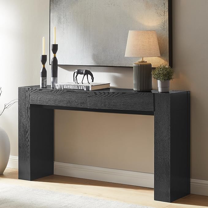 OKD Modern Entryway Console Table, Sofa Table with Drawers, 63" Long Hall Table Behind Couch, Thick Wood Design for Living Room, Hallway - Black Oak