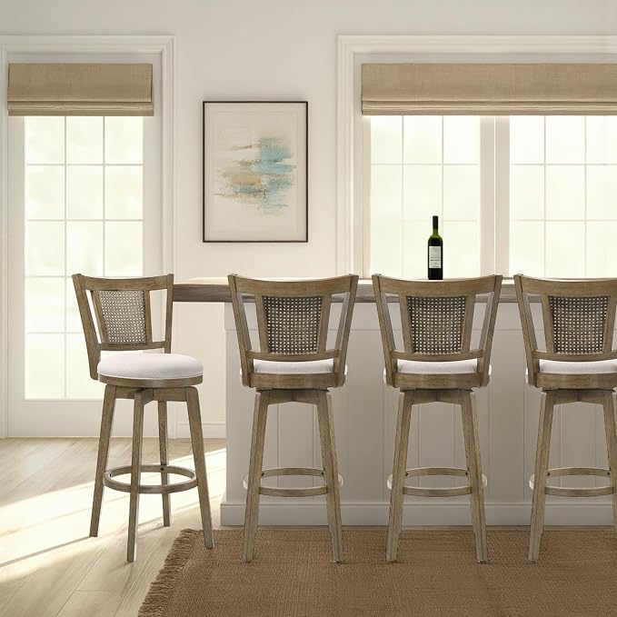 Armen Living Isla 30 in. Putty Brown Bar Height Rubberwood Swivel Barstool with Cream Fabric Seat - Set of 4