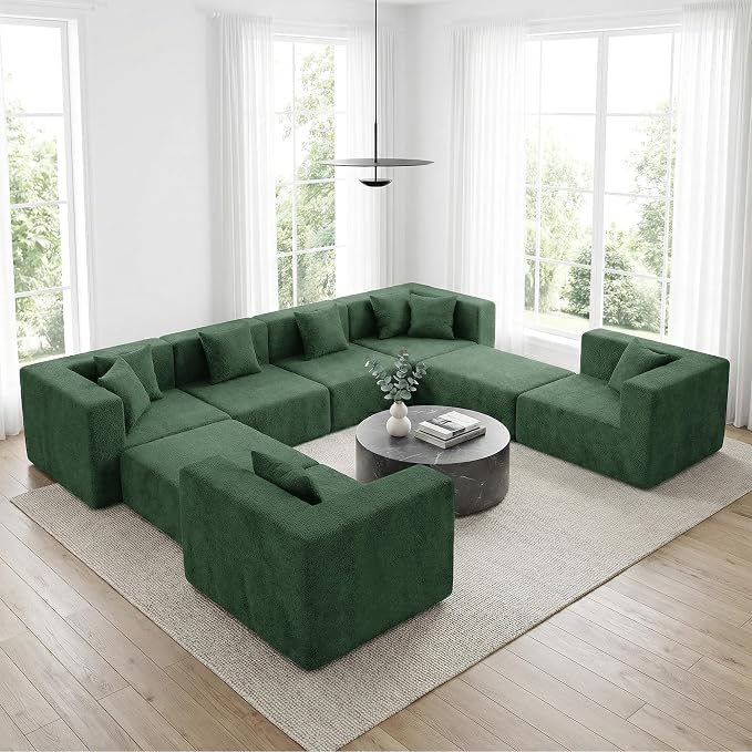 MONVANE Modular Sectional Sofa, Oversized 8 Seat Convertible U Shaped Couch with Ottoman, Comfy Teddy Velvet Cloud Couch with Deep Seat, Sectional Couches for Living Room, No Assembly Required, Green