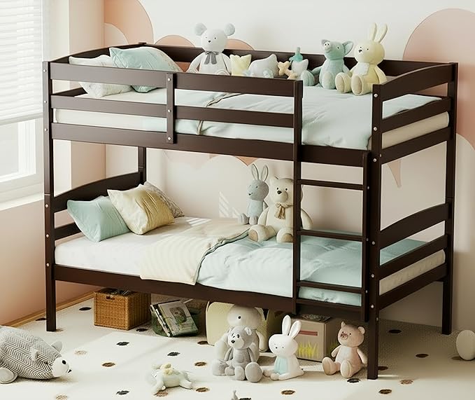 KOMFOTT Bunk Bed Twin Over Twin, Bunk Bed Frame w/Full-Length Guardrail & Integrated Ladder, Wood Bunk Bed for Small Space, Converts to 2 Individual Beds for Kids & Adults, No Box Spring Needed