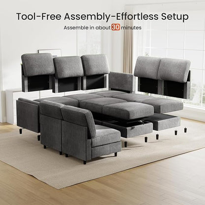 KKL Modular 83'' 6 Seater Sofa Bed - Sectional Sofa with Storage Ottoman, Convertible U/L -Shaped Sleeper Couch for Living Room, Modern Reversible Design, Grey