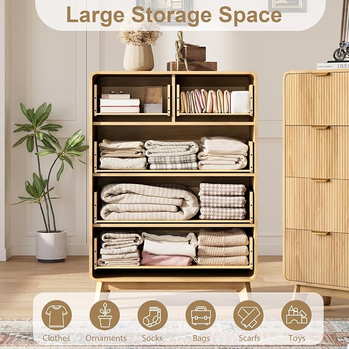 QUW Fluted 5 Drawers Dresser for Bedroom, Modern 40.2" Tall Drawer Dressers with Metal Handle, Wooden Chest of Dresser for Living Room, Hallway, Solid Wood Legs, Curved Profile Design, Natural Oak