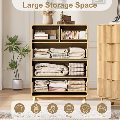 QUW Fluted 5 Drawers Dresser for Bedroom, Modern 40.2" Tall Drawer Dressers with Metal Handle, Wooden Chest of Dresser for Living Room, Hallway, Solid Wood Legs, Curved Profile Design, Natural Oak