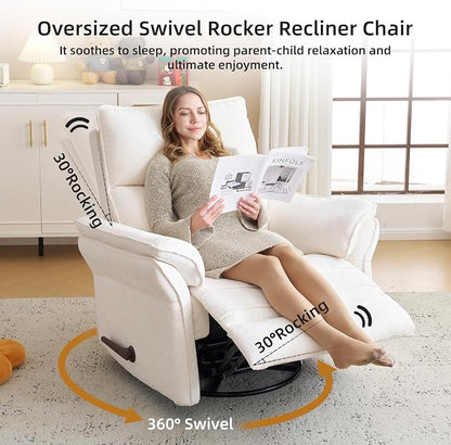 Oversized Recliner Chair, 26" Extra Wide 360° Swivel Rocker Recliner with Adjustable Headrest, Chenille Glider Rocking Nursery Chair with Overstuffed Armrest, Lumbar Support, White