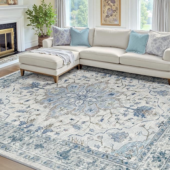 RELEANY Area Rugs 7'x10' Washable Non-Slip, Floral Vintage Distress Medallion Carpet for Living Room Bedroom Dining Room, Light Blue Navy Gray White