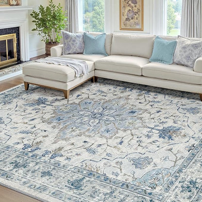 RELEANY Area Rugs 7'x10' Washable Non-Slip, Floral Vintage Distress Medallion Carpet for Living Room Bedroom Dining Room, Light Blue Navy Gray White
