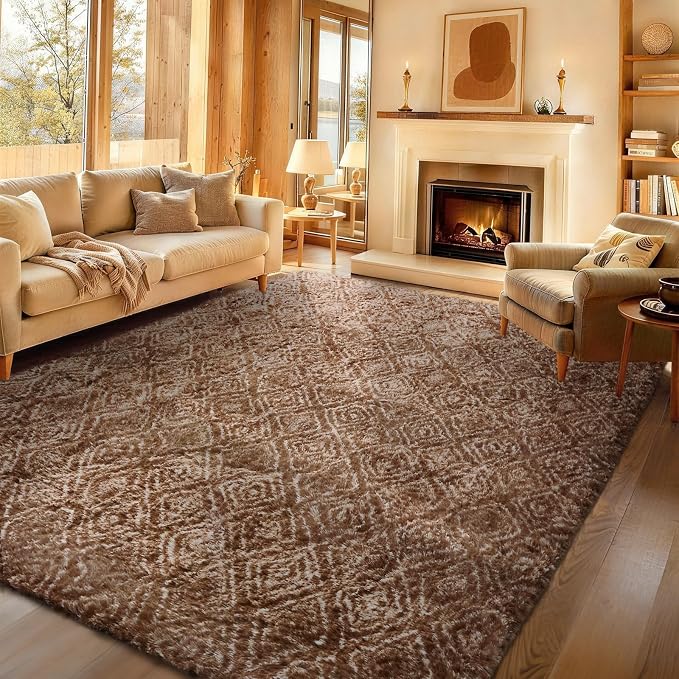 Ophanie 9x12 Brown and White Diamond Striped Rugs for Living Room,Large Fluffy Shag Fuzzy Plush Soft Carpets,Shaggy Rug for Bedroom,Carpet for Kids Boys Girls Dorm Decor with Over 99 pcs Pile fibers