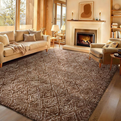 Ophanie 9x12 Brown and White Diamond Striped Rugs for Living Room,Large Fluffy Shag Fuzzy Plush Soft Carpets,Shaggy Rug for Bedroom,Carpet for Kids Boys Girls Dorm Decor with Over 99 pcs Pile fibers