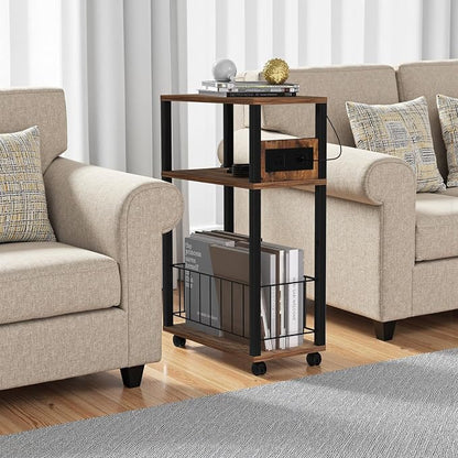 DGSANDGO Narrow Rolling Side Table with Charging Station (Outlets/USB Ports) & Storage Basket - Small Space End Table for Living Room Bedroom Office (Rustic Brown)