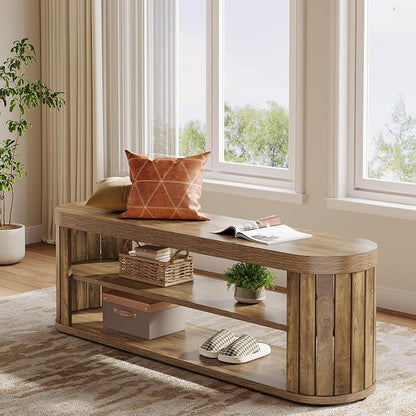 Tribesigns 47.2" Wooden Entryway Bench with 2-Tier Shoe Storage, Farmhouse Dining Bench with Adjustable Foot Pads, End of Bed Stool for Bedroom, Hallway, Living Room, Dining Room, Light Brown
