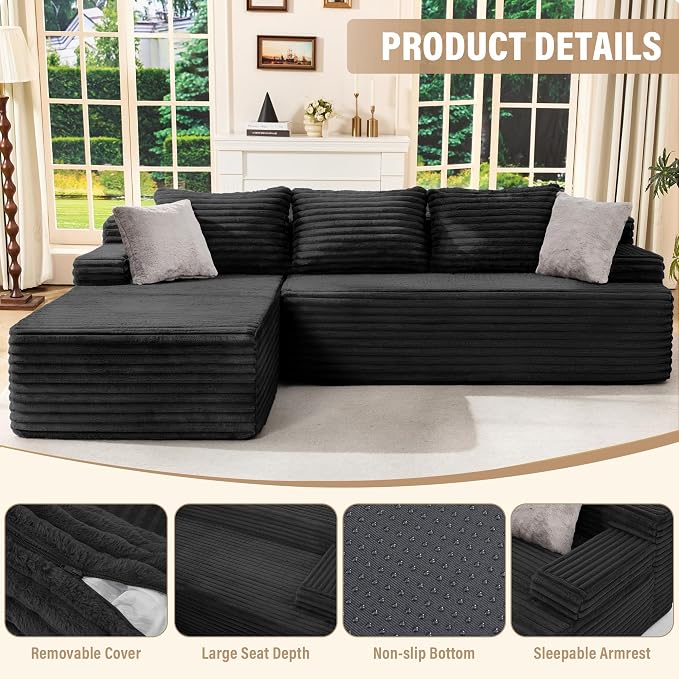 Hobestluk Boneless Couch Modular Sectional Sofa L-Shape Cloud Couch Lounge | 96" Left Facing Chaise Black,Memory Foam,Removable Cover,Non-slip Bottom,No Assemble Required,Furniture for Small Home
