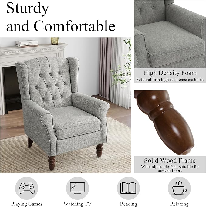 Pia Ricco High Back Floral Accent Chair - Retro Wingback Upholstered Armchair with Nailhead Trim, Solid Wood Legs, Fabric Living Room Bedroom Reading Chair (Light Gray)