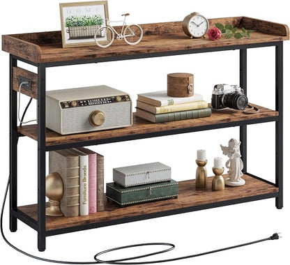 IRONCK Console Table, Sofa Table with Power Outlet, Farmhouse Hallway Table for Entryway, Living Room, Height Adjustable, Easy Assembly, Rustic Brown, 43"