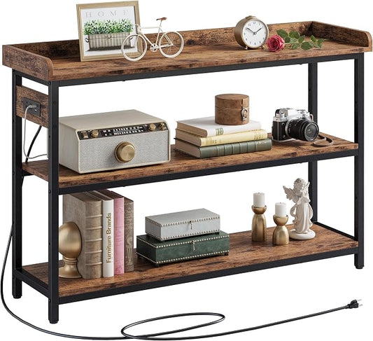 IRONCK Console Table, Sofa Table with Power Outlet, Farmhouse Hallway Table for Entryway, Living Room, Height Adjustable, Easy Assembly, Rustic Brown, 43"