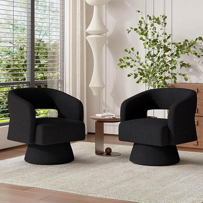 Luxanimarion Swivel Barrel Accent Chair,Oversized Teddy Upholstered Round Swivel Chair,Modern Luxury 360 Degree Living Room Vanity Chair for Bedroom Office,Black,2PCS