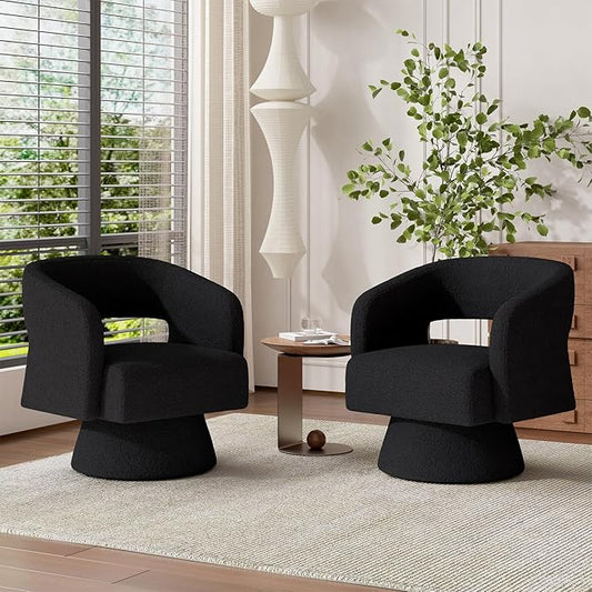 Luxanimarion Swivel Barrel Accent Chair,Oversized Teddy Upholstered Round Swivel Chair,Modern Luxury 360 Degree Living Room Vanity Chair for Bedroom Office,Black,2PCS