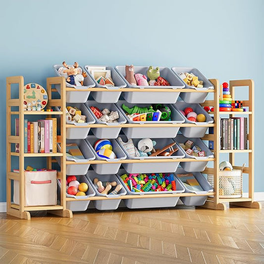 SpaceAid Toy Storage Organizer with 6 Shelves and 16 Bins, Toy Organizers Storage Bookshelf, Kids Bin Shelf Toys Box Bookcase for Bedroom Playroom Organization Room Decor, Neutral Gray