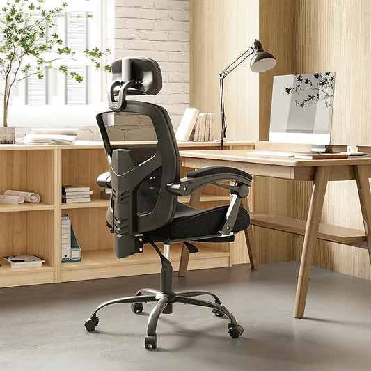 Desk Chair with Foot Rest, High-Back Mesh Office Chair with Wheels, Reclining Gaming Chair with Headrest and Adjustable Lumbar Support, 90°-130° Reclining, for Home Office and Gaming, Classic Black