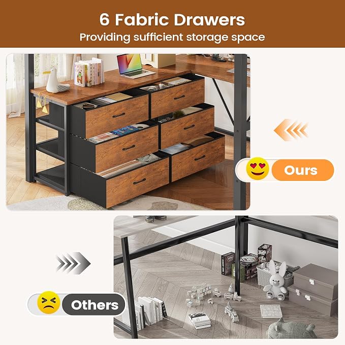 Itaar Full Size Loft Bed with Desk and Storage Stairs, Metal Loft Bed with 6 Storage Drawers, Hall Tree, LED Lights and Power Outlet, for Kids, Teens, Adults, (Rustic Brown, Full)