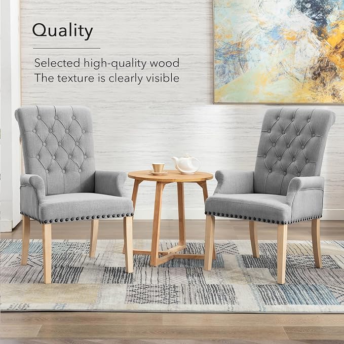 adochr Upholstered Fabric Accent Dining Chair, Elegant Tufted Club Dining Room Kitchen Room Arm Dining Chair, Light Grey