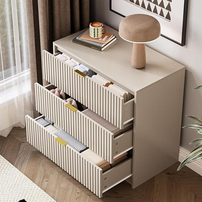 MAISONARIA 3-Piece Dresser Bedroom Set, 5 Drawer Dresser & 3 Drawer Nightstands with Gold Handles, Fluted Wood Chest of Drawers for Bedroom, Living Room, Entryway, Beige