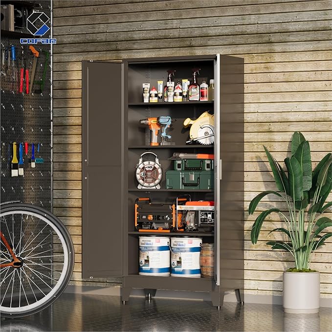 COFaR 71'' Tall Metal Storage Cabinet, Farmhouse Kitchen Pantry Cabinet with Doors and 4 Adjustable Shelves, Black Metal Cabinets for Garage, Kitchen, Bathroom, Laundry, 5-Tier