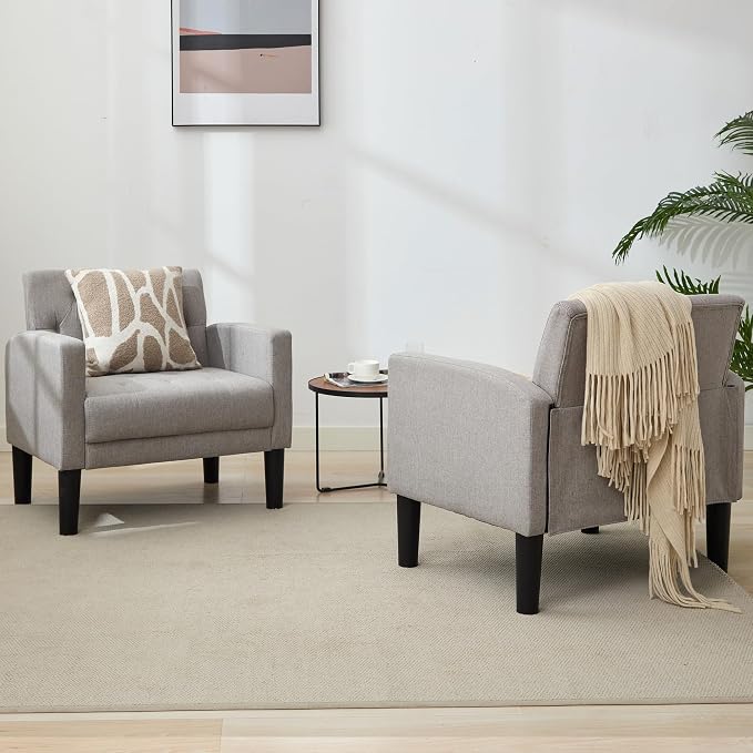 TYBOATLE Accent Chairs Set of 2 Comfy Living Room Chair Tufted Mid Century Modern Accent Chair, Cozy Upholstered Reading Arm Chair for Office, Bedroom (Light Grey, Set of 2)