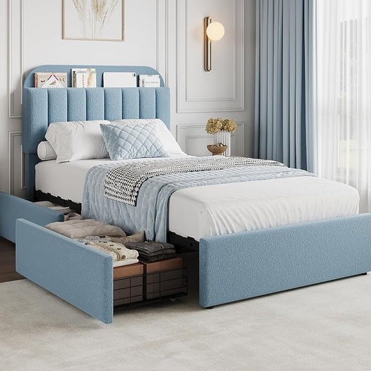 GarveeHome Twin Bed Frame with Storage Headboard, Kids Bed Frame with 2 Drawers, Boucle Upholstered Platform Bed with Bookcase, No Box Spring Needed, Easy Assembly, Blue