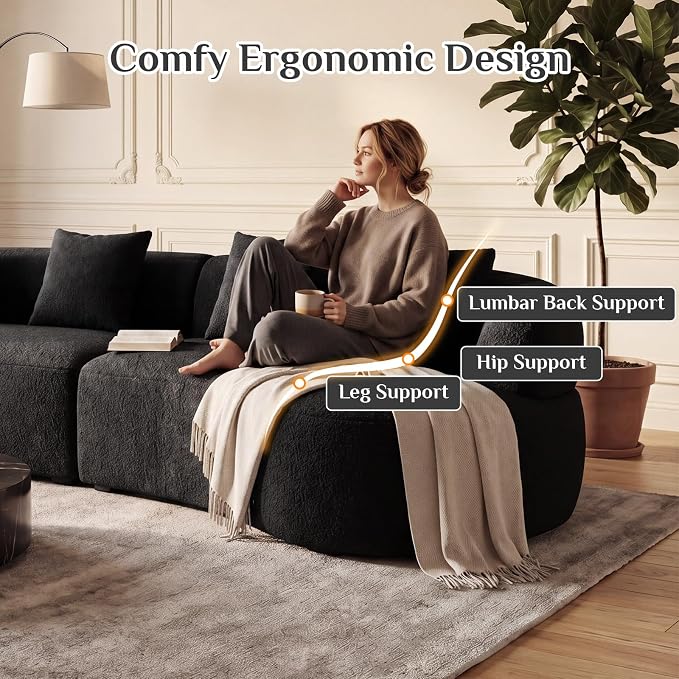 113" Curved Sectional Sofa Modern Cream Cloud Couch Modular Sectional Couches for Living Room Boneless Cloud Sofa Boucle Loveseat Comfy Chenille Deep Seat with 4 Pillows, Black