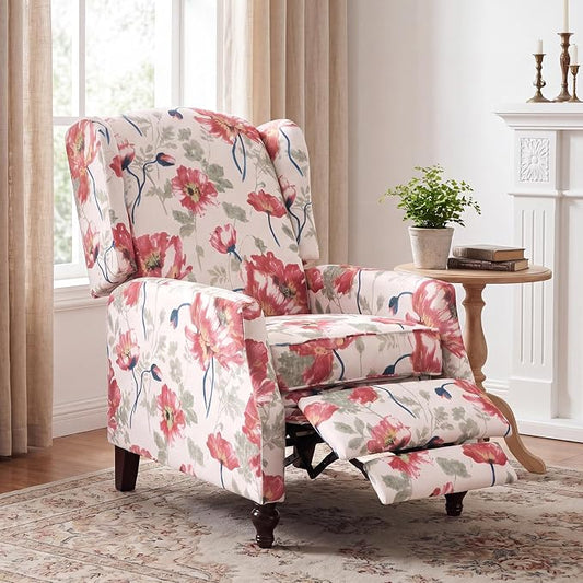Upholstered Wingback Recliner Chair, Mid Century Modern Manual Push Back Recliner for Living Room, Bedroom (1, Red Floral)