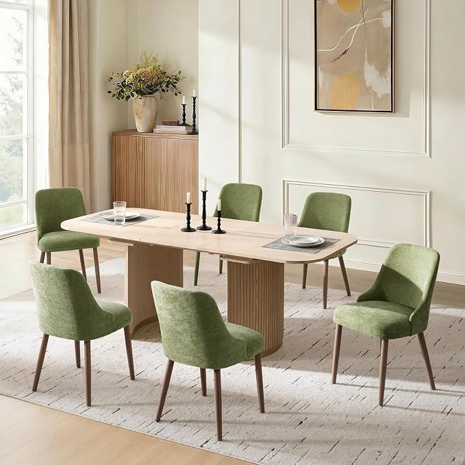 Upholstered Dining Chairs Set of 6, Fabric Dining Room Chairs with Curved Backrest, Solid Wood Legs, Modern Kitchen Chairs for Dining Room Living Room, Moss