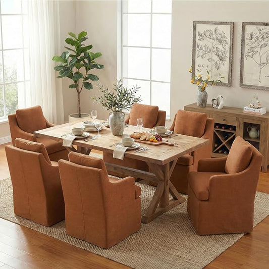 VKNOW Upholstered Dining Chairs Set of 6, Modern Kitchen Chairs Dinner Chairs with 4 Casters, Chenille Armchair for Bedroom Reading Room Living Room, Orange