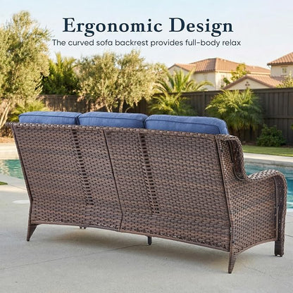 Belord Luxury 6" Thick Cushioned PE Wicker 3-Seater Outdoor Couch, All-Weather Comfortable Modern Patio Sofa, High Back Deep Seat Woven Outdoor Furniture for Porch Balcony, Lawn, Deck - BrownBlue
