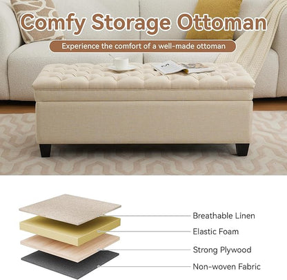 WUTUTUEE 51" Fabric Storage Ottoman Bench, Upholstered Rectangle End of Bed Storage Ottoman Tufted Living Room Bedroom Bench with Safety Hinge, Solid Wood Legs, Loads 500 lb(Khaki)