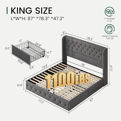 LARMACE Upholstered King Size Bed Frame with 4 Storage Drawers and 47.2" Tall Wingback Headboard Tufted Platform Bed Frame Linen Beds with Wooden Slats Support, Easy Assembly, Light Grey