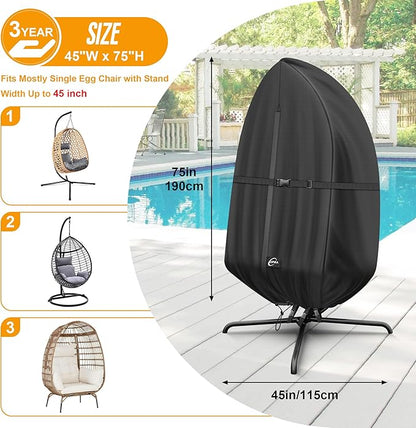Kipiea Patio Egg Chair Covers Waterproof, Upgraded 500D Outdoor Hanging Egg Chair Covers with Waterproof Zipper, Single Seat Swing Chair Cover, Windproof, Anti-UV, No Tears ( Up to 45" W x 75"H )