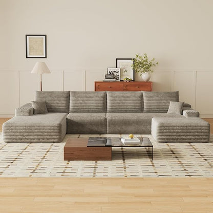 135" U Shaped Sectional Couch with Ottoman, Large Sectional Couches for Living Room, Plush Corduroy Convertible Sleeper Sofa, Compressed Foam Sofa in a Box No Assembly, Left Facing Chaise, Camel