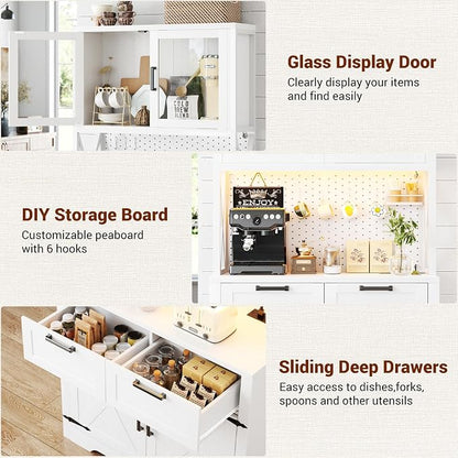Unikito 71" Pantry Cabinet with LED Light & Outlet, Tall Kitchen Pantry Storage Cabinet with Microwave Stand, DIY Pegboard, Drawers and Adjustable Shelf, Farmhouse Kitchen Hutch for Dining Room, White