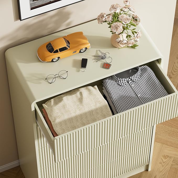 Furniway Beige 5 Drawer Dresser for Bedroom, Curved Tall Dresser with Push-to-Open Design, Chest of Drawers for Bedroom, Living Room, Hallway, 15.7”D x 32”W x 47.2”H