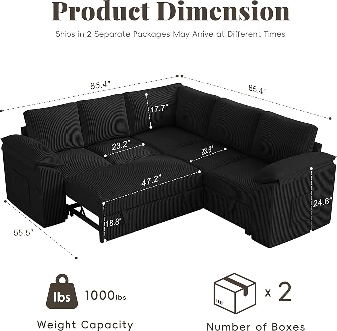 85 Inch Sectional Sleeper Sofa Bed with Pull Out Couch, U Shaped 5 Seat Cloud Modular Sectional Sofa with Storage, Corduroy Sectional Couches for Living Room, Removable Sofa Cover, Dark Grey
