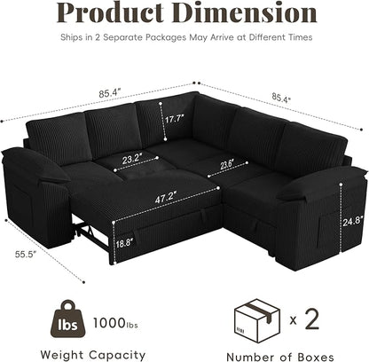 85 Inch Sectional Sleeper Sofa Bed with Pull Out Couch, U Shaped 5 Seat Cloud Modular Sectional Sofa with Storage, Corduroy Sectional Couches for Living Room, Removable Sofa Cover, Dark Grey