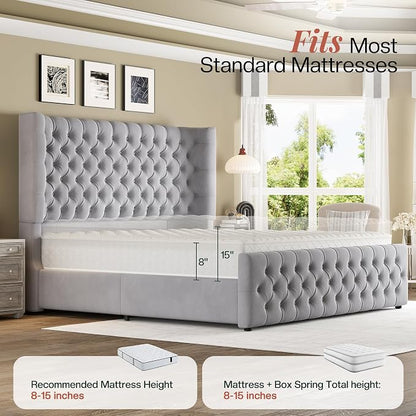 Jocisland California King Size Upholstered Bed Frame with 6.3-Inch Curved Wingback Headboard, Tufted Footboard, Wood Slats, No Box Spring Needed, Light Grey Velvet