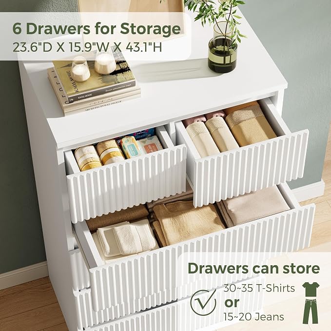 Jocoevol Fluted 6 Drawer Dresser for Bedroom, Modern Wood Chest of Drawers, Tall Storage Dresser with Deep Drawers, Handleless Floor-Standing Dresser for Bedroom, Living Room, Entryway, White