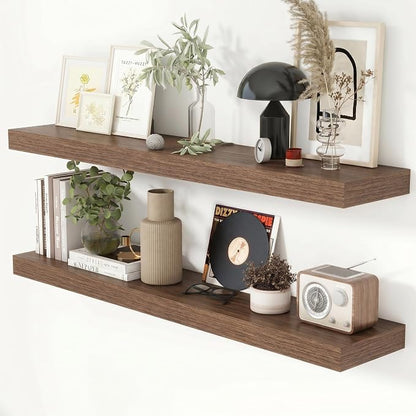 Heimlove 44 Inch Floating Shelves for Wall 8 Inch Deep Walnut Shelves Set of 2,Wall Mounted Rustic Wood Long Floating Shelf，Large Display & Storage Shelf with Invisible Brackets