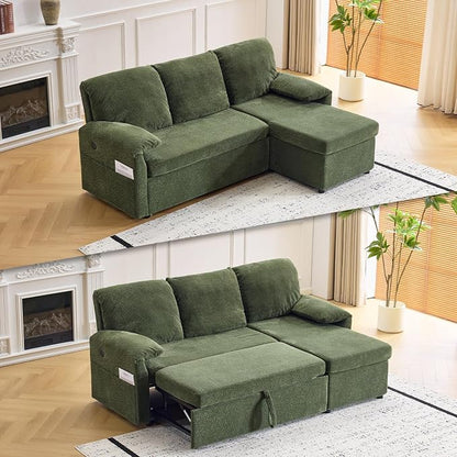 VINGLI Sectional Sleeper Sofa with Pull Out Couch Bed, 85 Inch L-Shaped Convertible Sofa Bed, 5 Seat Modular Sectional Couches for Living Room with Storage Chaise, USB Charging, Side Pockets