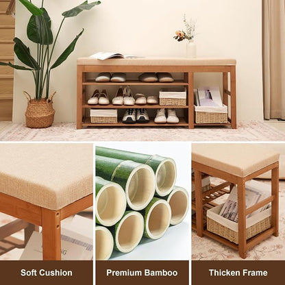 PETKABOO 47.2 in Shoe Rack Bench with Cushion, 3 Tier Bamboo Entryway Bench with Storage for Entryway, Hallway, Bedroom, Living Room