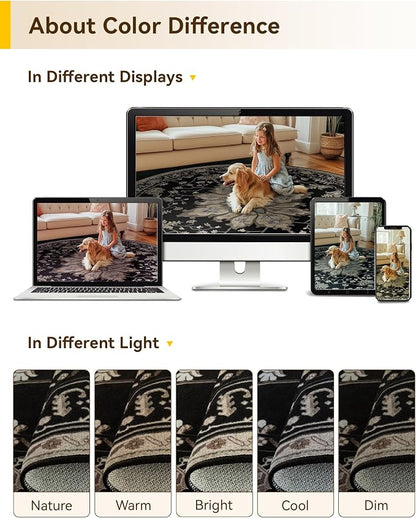RELEANY Area Rugs Round 5ft Washable Non-Slip, Floral Vintage Distress Medallion Carpet for Living Room Bedroom Dining Room, Black Brown Neutral Dark Tan