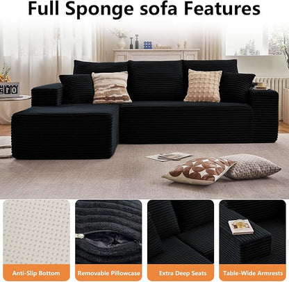 96" Modular Sectional Sofa,Modern Corduroy Cloud Couch,Boneless Couch Upholstered 3-Seater L-Shaped Sofa for Living Room,Couch in a Box No Assembly (Black, Left-Facing Chaise)