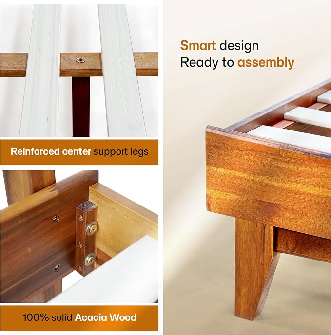 Acacia Aurora Wooden Bed with Headboard, King Size Bed Frame, 800lbs Capacity Wood Bed Compatible with All Mattress Types, Non-Slip & Noise-Free, Wood Slats Support, Easy Assembly, Caramel.